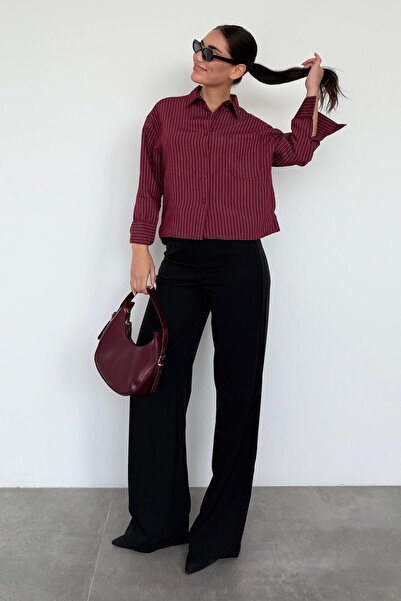 Madmext Burgundy Striped Oversize Women's Shirt Mg2093