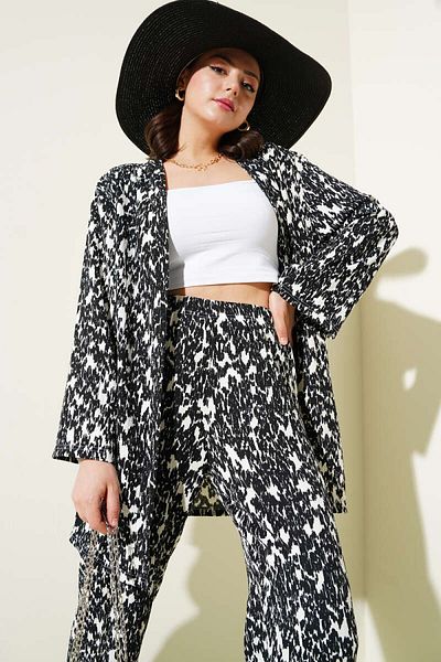 İKLİM LİFE Patterned Wrinkled Kimono Set