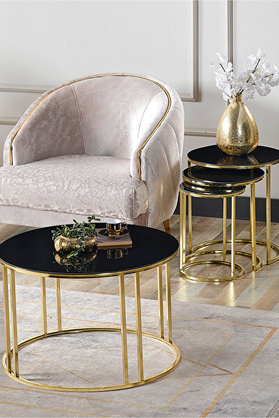 SEDAŞ LIVING UNITS 4 Lü Siyah Aynalı Temperli Kırılmaz Cam Gold Metal Ayaklı ...