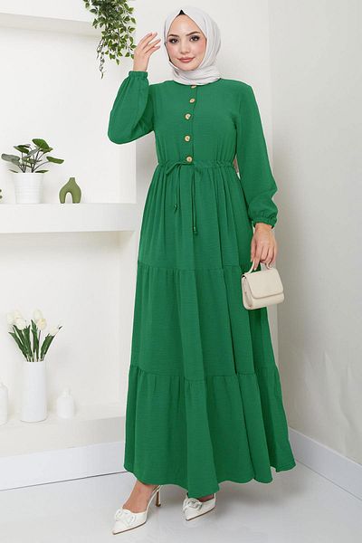 hafsamina Shirred Buttoned Ayrobin Dress Aqua Green Hm8811