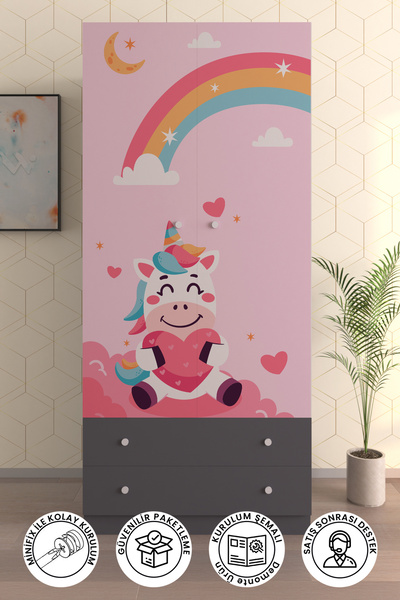 Victor Vallery Çocuk Odası 2 Kapaklı  Unicorn Dreams Gardırop 5 Raflı 2 Çekme...