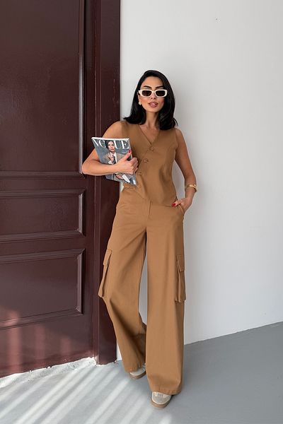 Ortaya Çık Brown Design Vest Pants Bottom Top Set