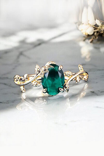 My Diamond Oval Naturel Zümrütlü Yaprak Tasarım Altın Yüzük