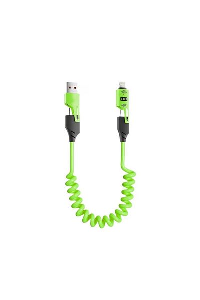 ABYZ Cablu de date 4 în 1 cu încărcare rapidă USB Lightning și Type-C, flexibil și compact, 1,5 m, verde
