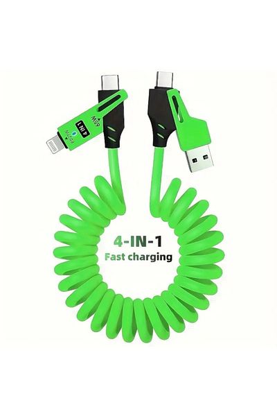 ABYZ Cablu de date 4 în 1 cu încărcare rapidă USB Lightning și Type-C, flexibil și compact, 1,5 m, verde