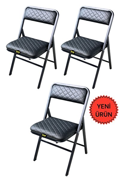 hey Katlanır Kamp Sandalyesi Piknik Sandalyesi Siyah Deri Baklava 3'lü