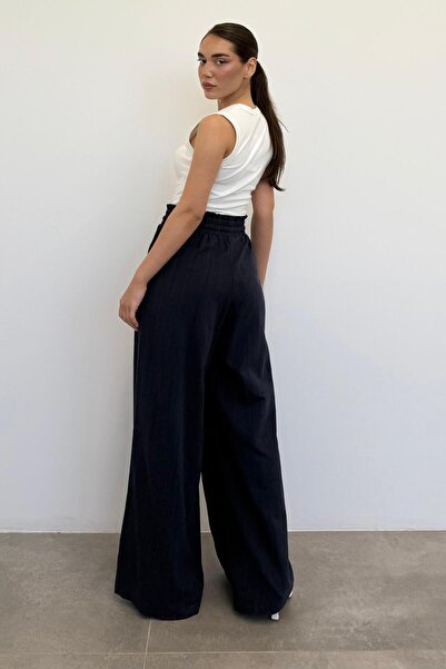 Madmext Navy Blue High Waist Wide Leg Trousers Mg2408