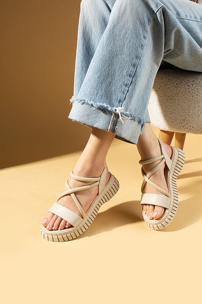 Pembe Potin New Season Women's Beige Cream Banded Comfortable Poly Sole Stylish Daily Sandals