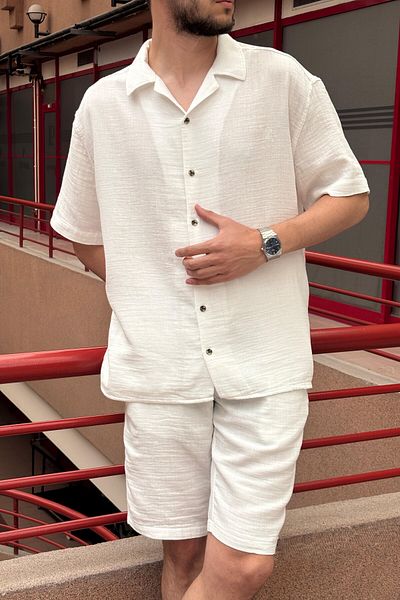 inpool Men'S, Apaş Collar, Oversize, 100% Cotton, Muslin Woven, Short Sleeve Shirt G14