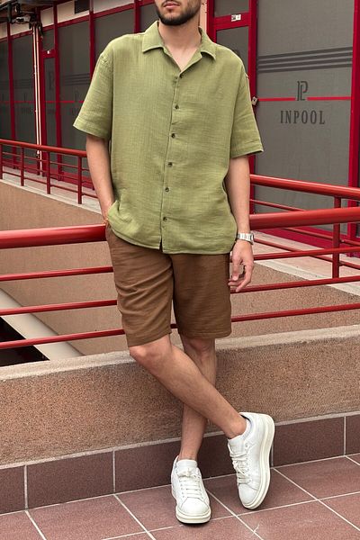 inpool Ανδρικό, γιακάς, Oversize, 100% βαμβάκι, υφαντό μουσελίνα, κοντομάνικο πουκάμισο G14