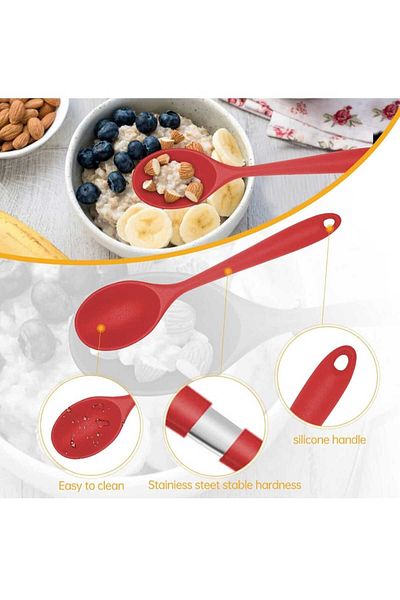 elfnur Silicone Long Spoon 28 cm and Short Spoon 22 cm / 2 Pieces Fireproof Non-Slip Cool
