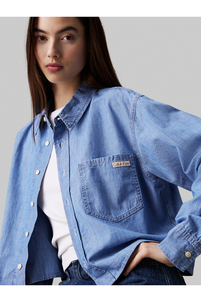 Calvin Klein Women Blue Cropped Dad Chambray Shirt