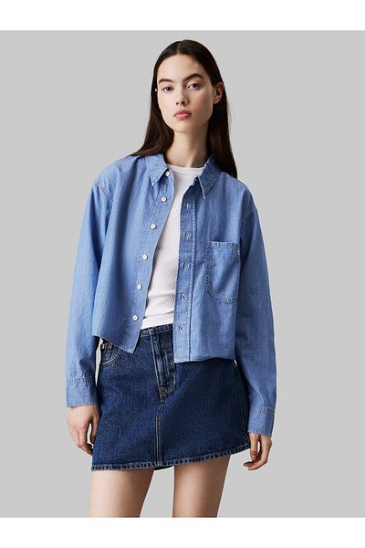 Calvin Klein Women Blue Cropped Dad Chambray Shirt