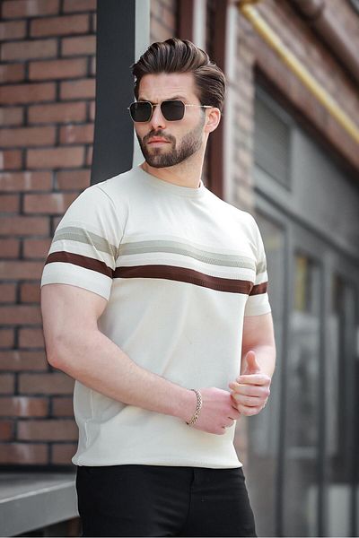 Madmext Πλεκτό T-Shirt Stone Color ριγέ E7412