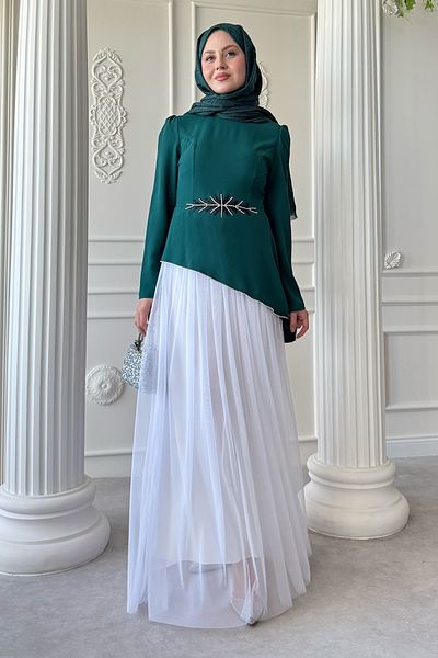 InStyle Stone Detailed Emerald Green Dress with Tulle Skirt