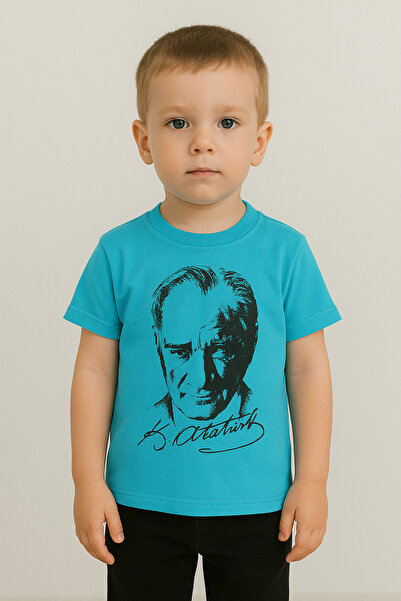babixkids Tricou Copii Imprimat Ataturk Fata Băiat Culoare Albastru Negru Imp...