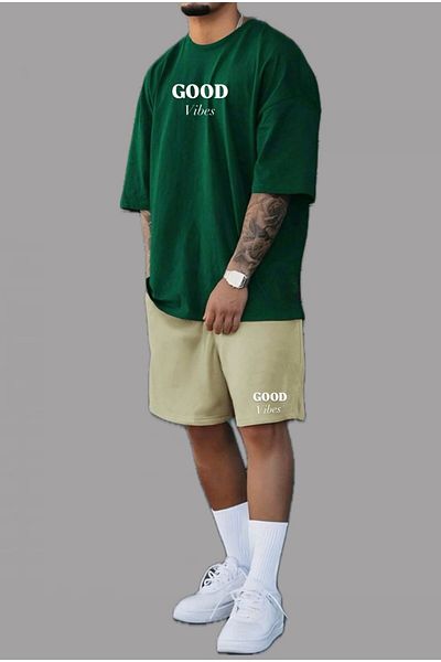 woonkey Unisex Good Vibes Printed Crew Neck Shorts Tee 2-Piece Suit New Season