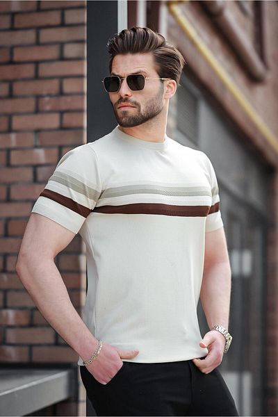 Madmext Πλεκτό T-Shirt Stone Color ριγέ E7412
