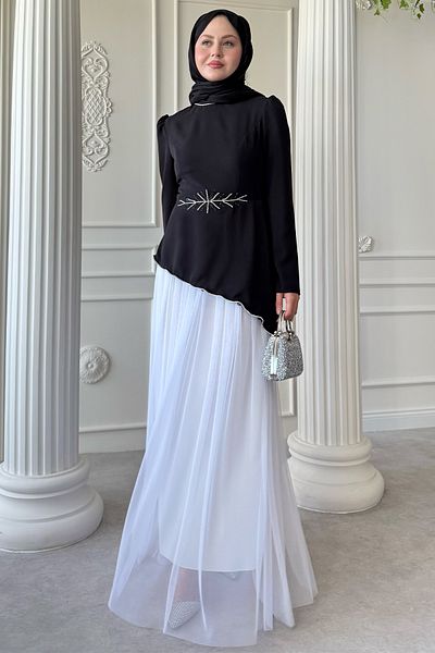 InStyle Black Dress with Stone Detail and Tulle Skirt