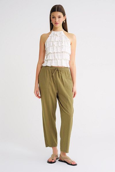 Mixray 4436 Γυναικείο λινό ριγέ παντελόνι Shalwar Khaki