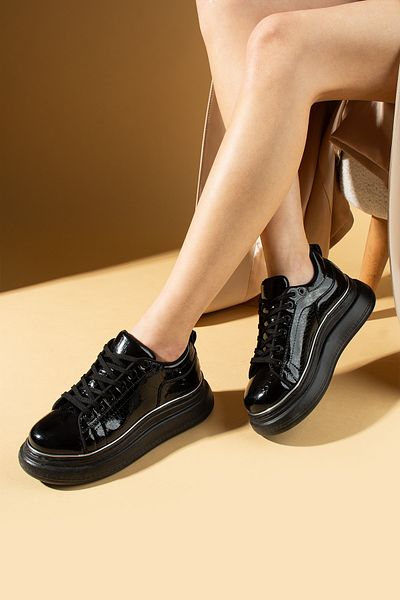 Pembe Potin Women's New Season Black Crocodile Stylish Sneaker Lace-Up Daily Comfortable Sole Shoes