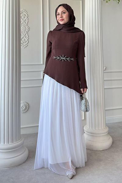InStyle Πέτρινο Λεπτομερές Φόρεμα Bitter Brown με Τούλι Φούστα