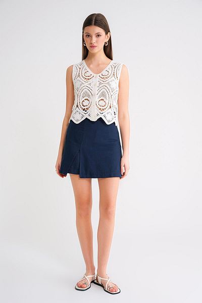 Mixray 4565 Women's Slit Buckle Detailed Linen Skirt Navy Blue