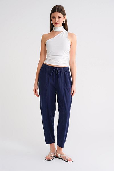 Mixray 4436 Women's Linen Striped Shalwar Trousers Navy Blue