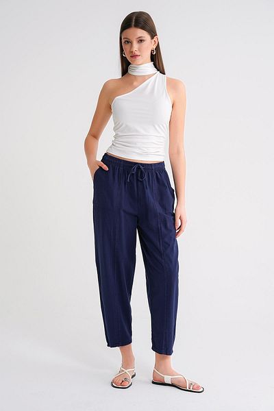 Mixray 4436 Women's Linen Striped Shalwar Trousers Navy Blue
