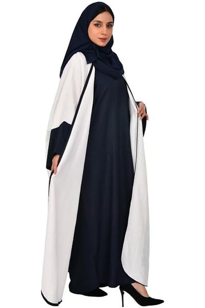 HAWRAA White Bisht Abaya with Navy Wide Sleeve and Navy Dress