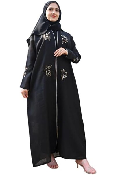 HAWRAA Black Wrap Abaya with Prominent Beading and Trim