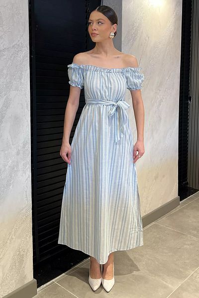 GÜLSELİ Rochie albastră pentru femei, cu mâneci și talie elastică, cu model în dungi, cu fante duble