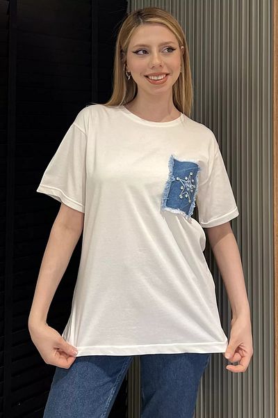 GÜLSELİ Γυναικείο T-Shirt Cream Denim Garnished Stone