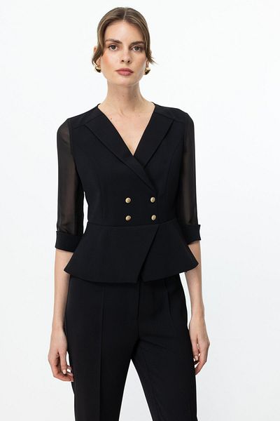 Ekol Double Breasted Collar Sleeves Tulle Jacket
