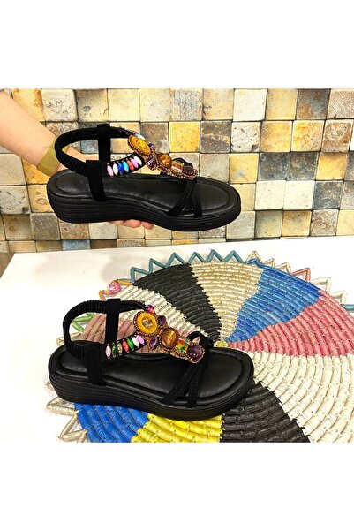 Trendy Moda Yeni Sezon Hafif Rahat Ortopedik Taban Lastikli Siyah Kadın Sandalet
