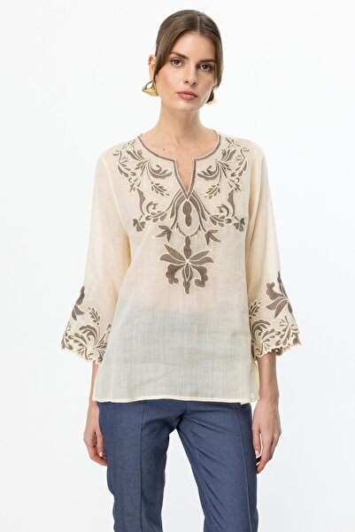 Ekol Önü İşlemeli Keten Bluz