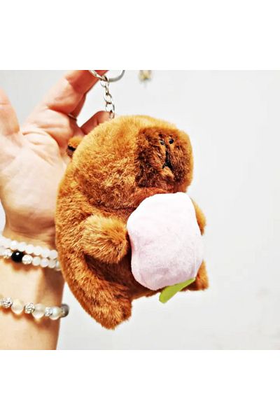 ABYZ Capybara Plush Keychain Toy for Children +3 Years 11 cm Brown Color with Pink Flower Cute and Fun