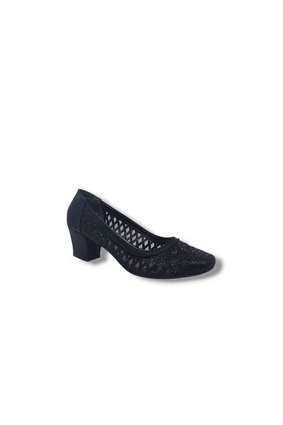 Zerhan İzlife 262 Women's Black Lace Shimmering Blunt Toe Low Heel Evening Dress Shoes