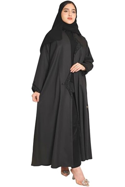 HAWRAA عباية سوداء بتصميم جانبي فريد وحبات سوداء بارزة