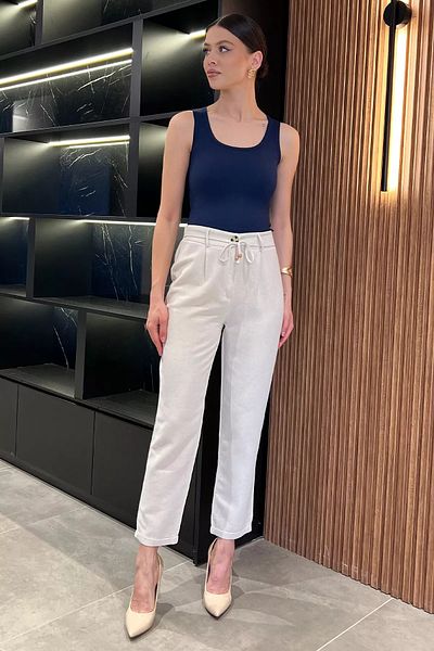 GÜLSELİ Stone Women's High Waist Double Leg Linen Trousers