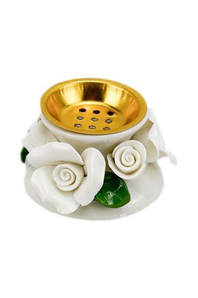 Generic Decorative Porcelain Incense Holder Bowl with White Rose Design, Gold Interior