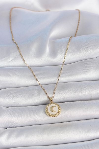Store 316L Steel Gold Color Chain White Enamel Crescent Embroidered Medallion Model Women's Necklace