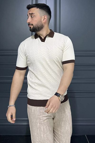 MİSHAR İTALİA Ανδρικό πλεκτό μπλουζάκι μπεζ Polo Neck