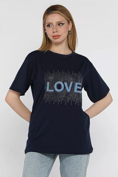 GÜLSELİ Дамска тениска с кръгло деколте в тъмносиньо и цвят „Love Stone“