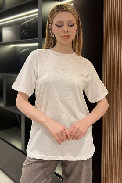 GÜLSELİ Γυναικείο T-Shirt Cream Crew Neck με μπροστινή πέτρα