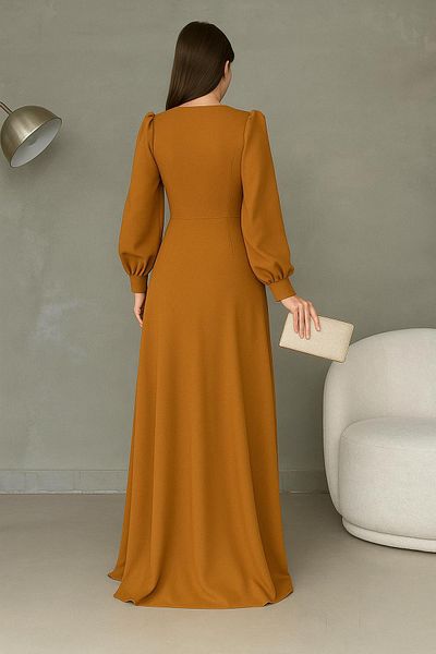 Deafox Mustard Color Crepe Fabric Front Knot Detail Maxi Length Long Sleeve Double Slit Dress