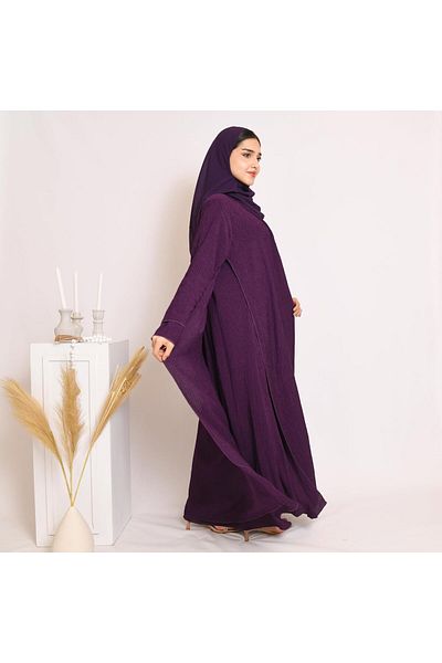HAWRAA Quarter Klush Wrap Abaya in Purple with Striped Fabric and Dress Set