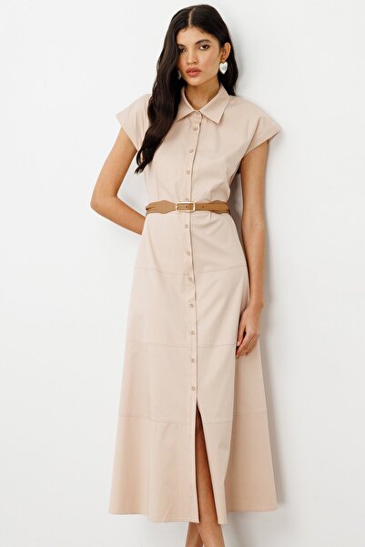 Ekol Beli Kemerli Düğmeli Elbise