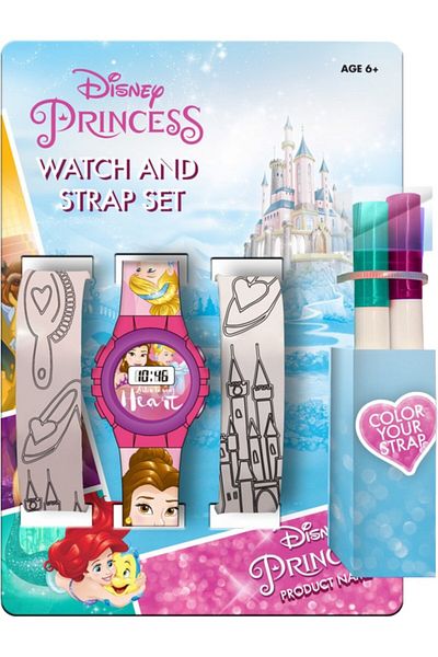 Disney Digital watch set for girls, with two straps, 4 colouring markers, Princess Disney