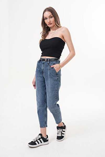 Flame İstanbul Butik Джинси з поясом і складками на передній частині, сині, довжиною до щиколотки - RMS559